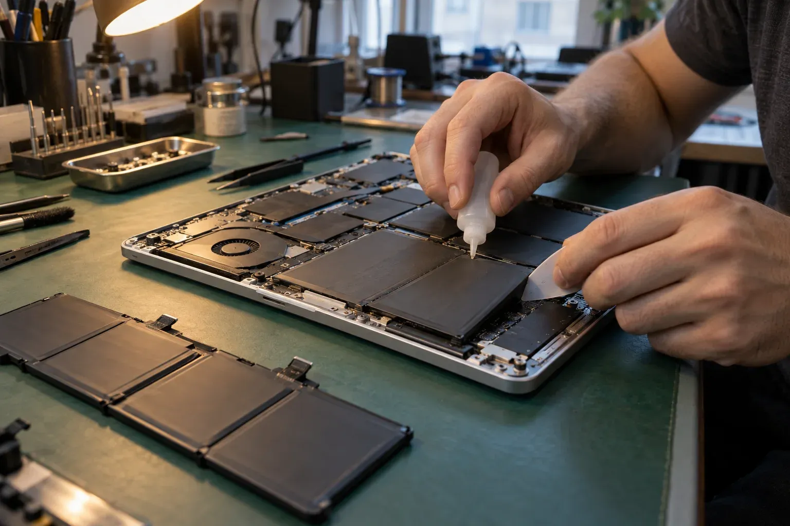 Инженер капает растворитель под ячейку вклеенного аккумулятора MacBook и поддевает её пластиковой лопаткой, рядом лежит снятая батарея
