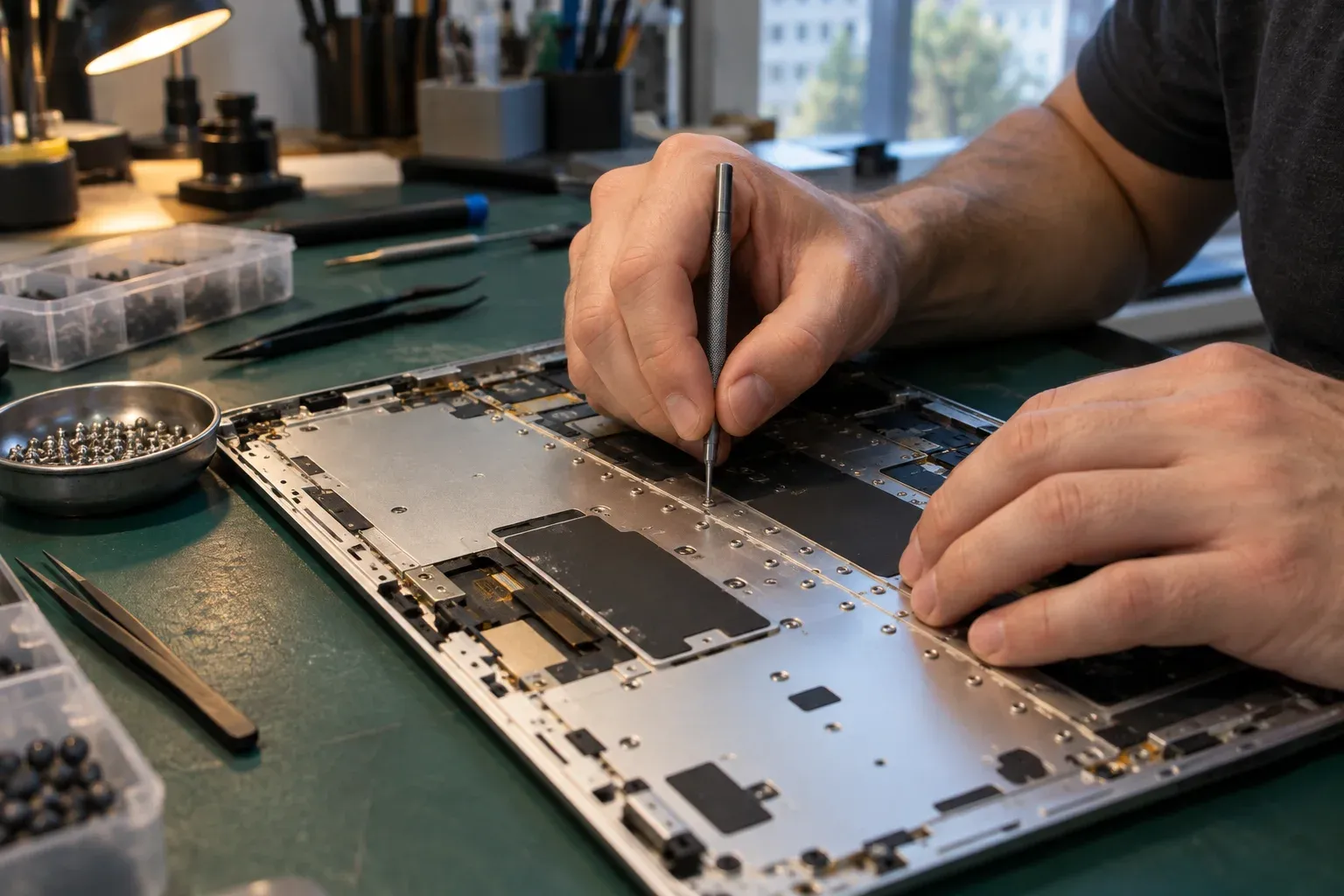 Инженер тонкой отвёрткой работает с топкейсом MacBook с обратной стороны: металлическая пластина клавиатуры с рядами винтов